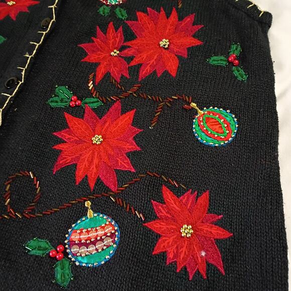 Ugly Christmas Sweater Vest Large Poinsettias Beaded Ornaments Kim Rogers Black - Picture 7 of 15